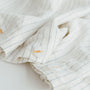 Foxtrot Home French Flax Linen styled in a bedroom with Coastal Blue Stripes Duvet