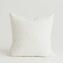 Foxtrot Home French Linen in a bedroom with Coastal Blue Stripes Cushion Cover.