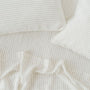 Foxtrot Home French Flax Linen styled in a bedroom with Coastal Blue Stripes Duvet