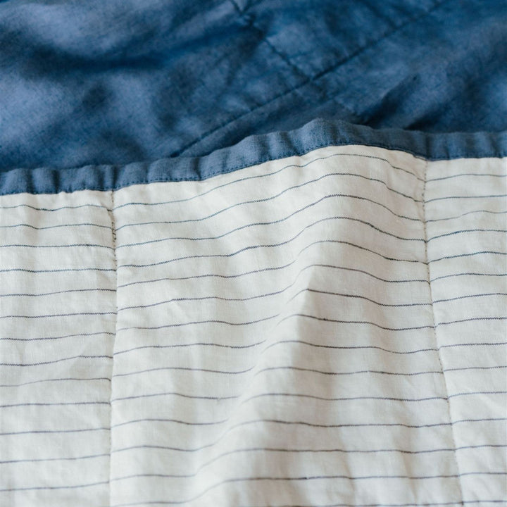 Foxtrot Home French Flax Linen Coastal Blue Quilt with Coastal Blue Stripes on reverse