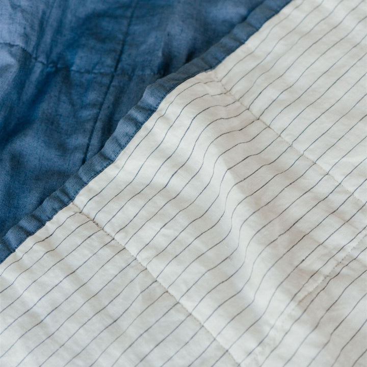 Foxtrot Home French Flax Linen Coastal Blue Quilt with Coastal Blue Stripes on reverse