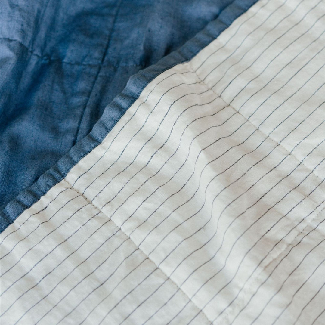 Foxtrot Home French Flax Linen Coastal Blue & Coastal Blue Stripes Quilt