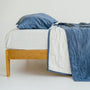 Foxtrot Home French Flax Linen Coastal Blue Quilt with Coastal Blue Stripes on reverse