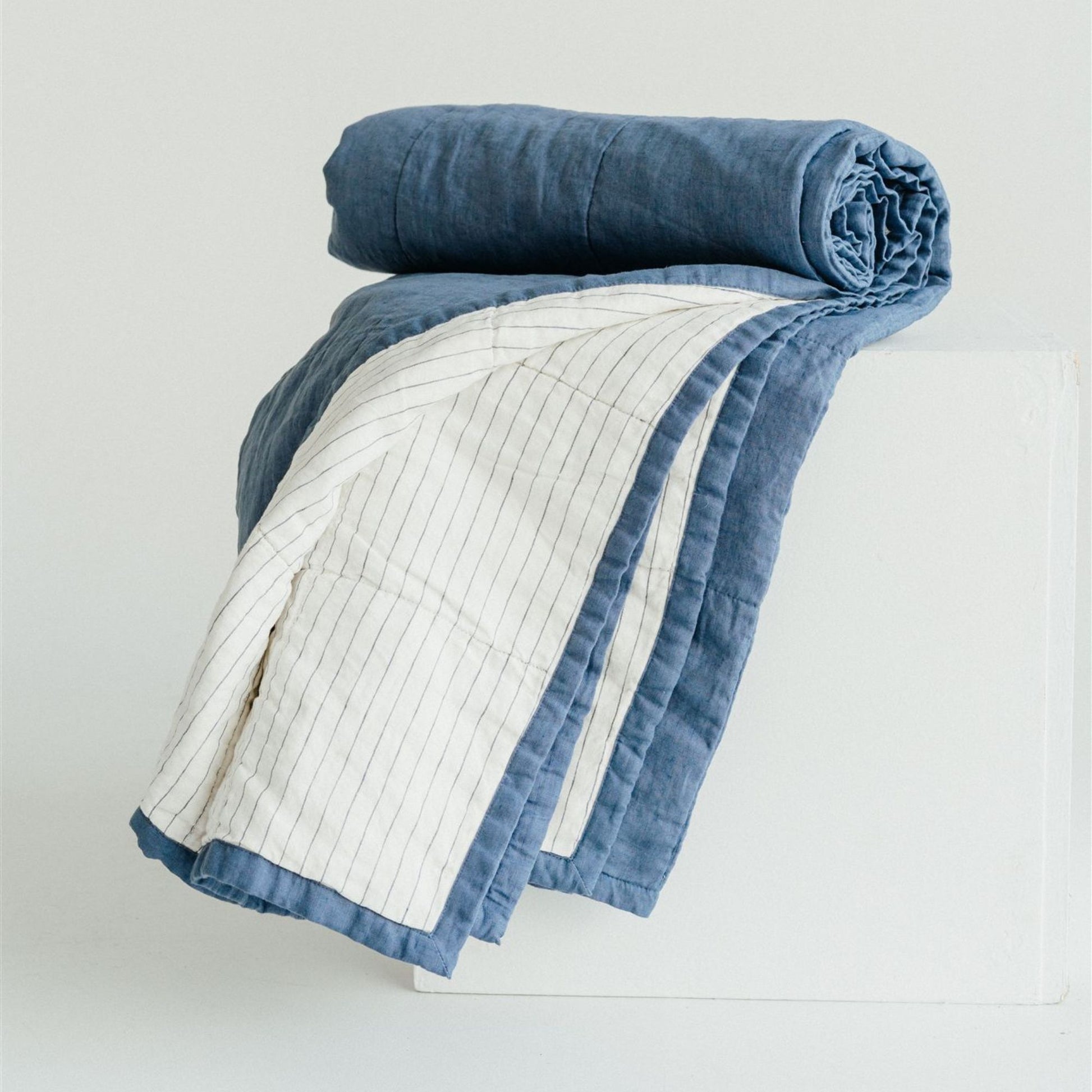 Foxtrot Home French Flax Linen Coastal Blue Quilt with Coastal Blue Stripes on reverse
