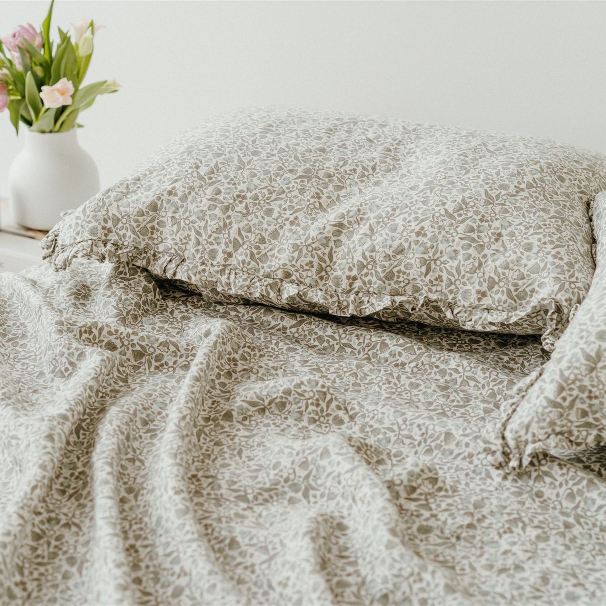 Pure French Flax Flat Sheet in vintage floral print Evelyn.  A whimsical pattern for Spring.  Discover Foxtrot Home’s natural, ethically produced bedding for relaxed styling.