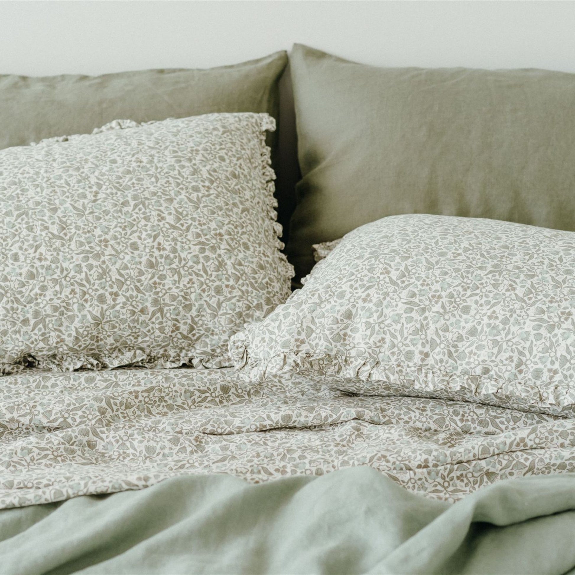 Pure French Flax Flat Sheet in vintage floral print Evelyn.  A whimsical pattern for Spring.  Discover Foxtrot Home’s natural, ethically produced bedding for relaxed styling.