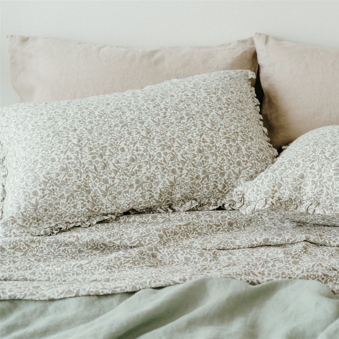 Pure French Flax Flat Sheet in vintage floral print Evelyn.  A whimsical pattern for Spring.  Discover Foxtrot Home’s natural, ethically produced bedding for relaxed styling.