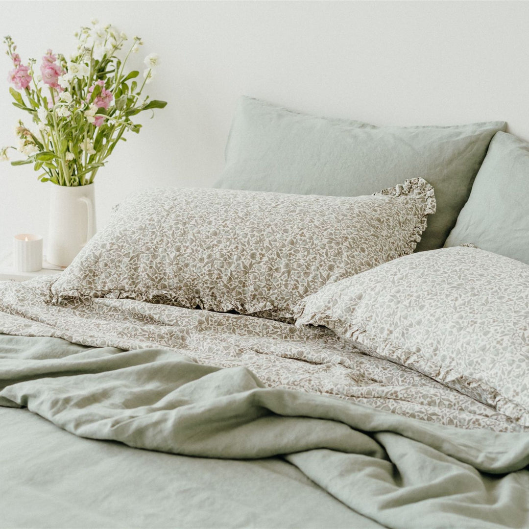 Pure French Flax Pillowcases in vintage floral print Evelyn.  A whimsical pattern for Spring.  Discover Foxtrot Home’s natural, ethically produced bedding for relaxed styling.