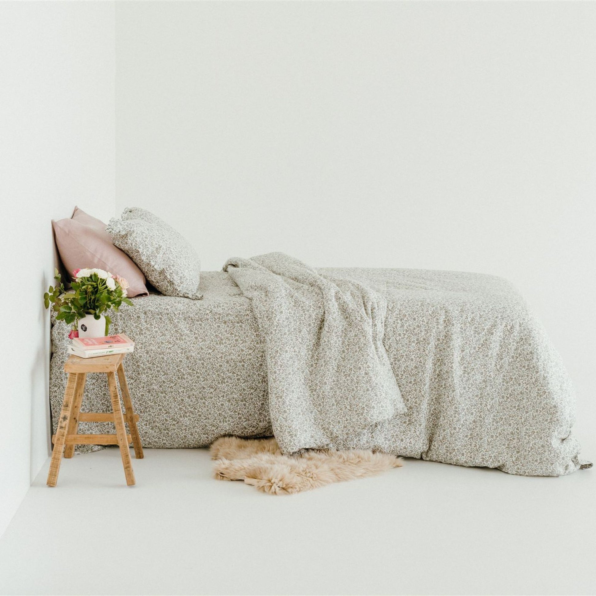 Pure French Flax Flat Sheet in vintage floral print Evelyn.  A whimsical pattern for Spring.  Discover Foxtrot Home’s natural, ethically produced bedding for relaxed styling.