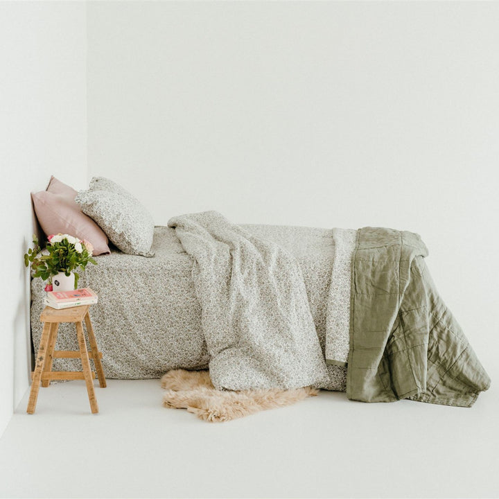 Pure French Flax Quilt in vintage floral print Evelyn.  A whimsical pattern for Spring.  Discover Foxtrot Home’s natural, ethically produced bedding for relaxed styling.