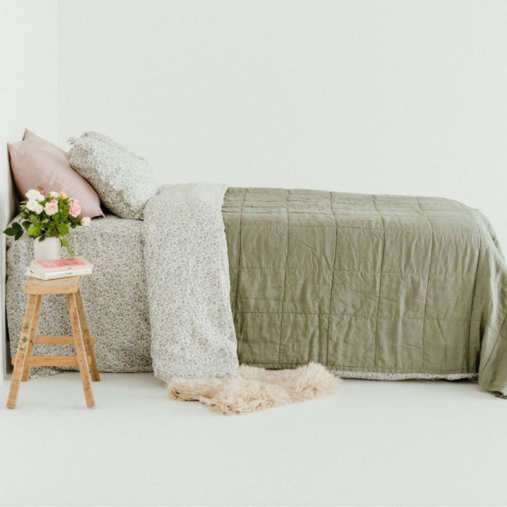 Pure French Flax Quilt in vintage floral print Evelyn.  A whimsical pattern for Spring.  Discover Foxtrot Home’s natural, ethically produced bedding for relaxed styling.