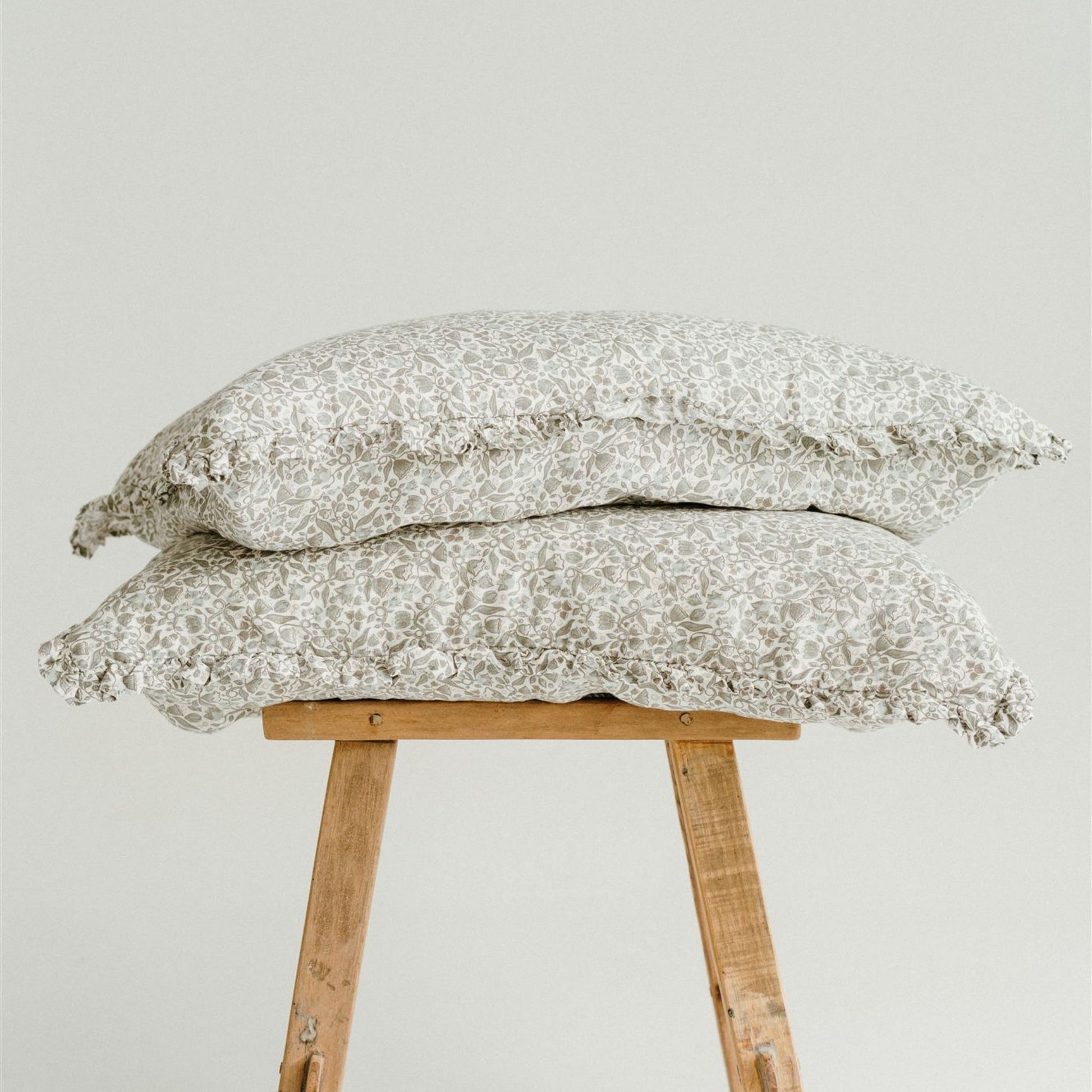 Pure French Flax Pillowcases in vintage floral print Evelyn.  A whimsical pattern for Spring.  Discover Foxtrot Home’s natural, ethically produced bedding for relaxed styling.