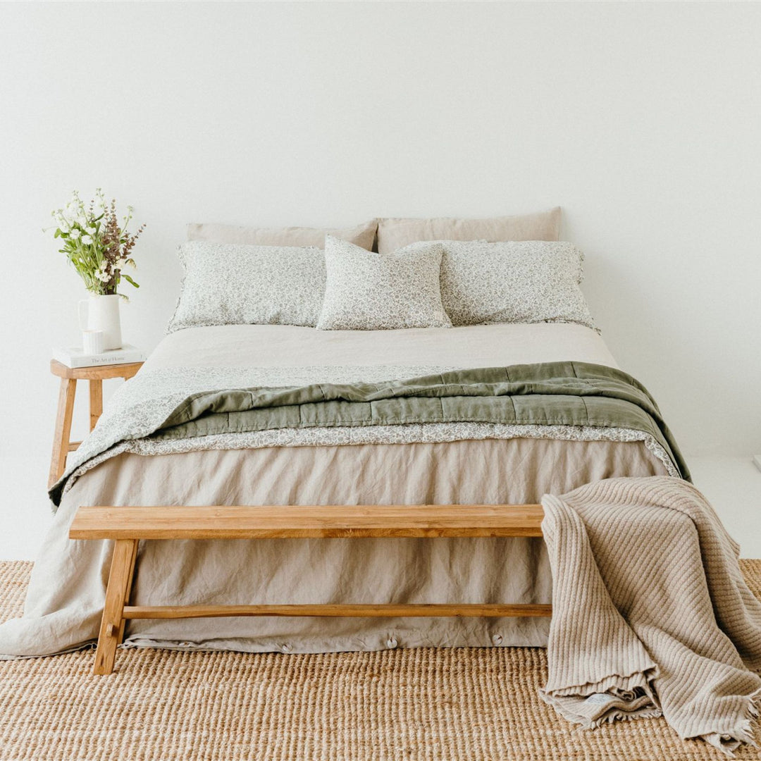 Pure French Flax Quilt in vintage floral print Evelyn.  A whimsical pattern for Spring.  Discover Foxtrot Home’s natural, ethically produced bedding for relaxed styling.