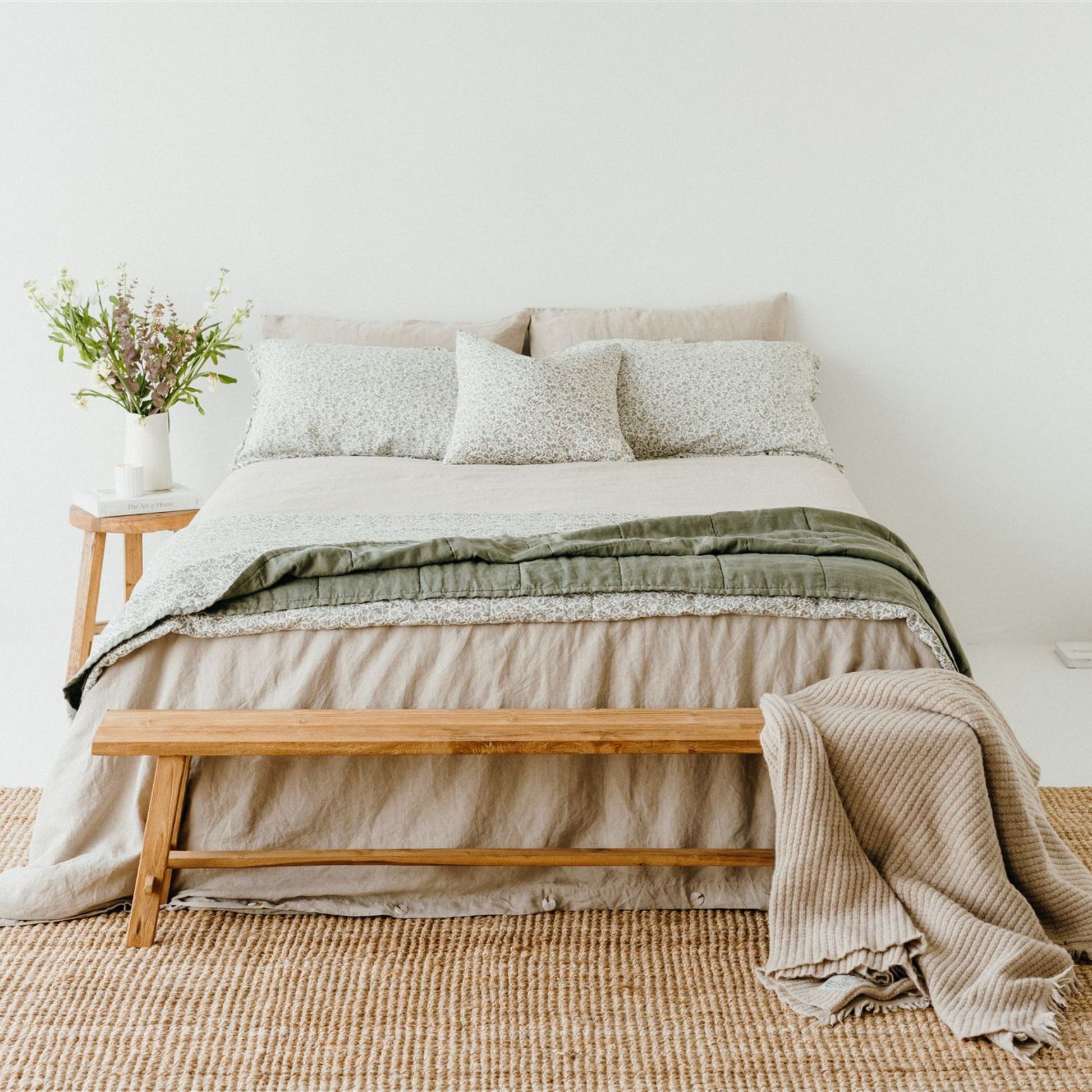 Pure French Flax Quilt in vintage floral print Evelyn.  A whimsical pattern for Spring.  Discover Foxtrot Home’s natural, ethically produced bedding for relaxed styling.