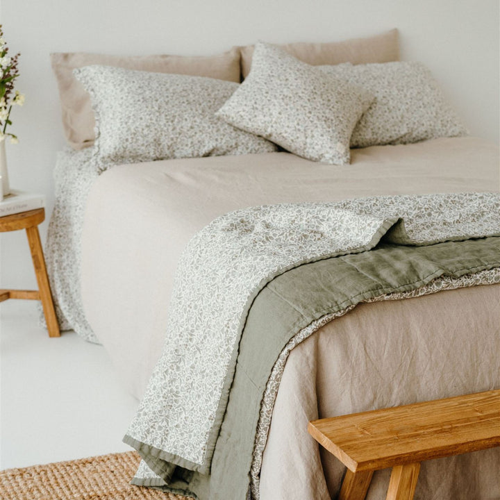 Pure French Flax Cushion in vintage floral print Evelyn.  A whimsical pattern for Spring.  Discover Foxtrot Home’s natural, ethically produced bedding for relaxed styling.