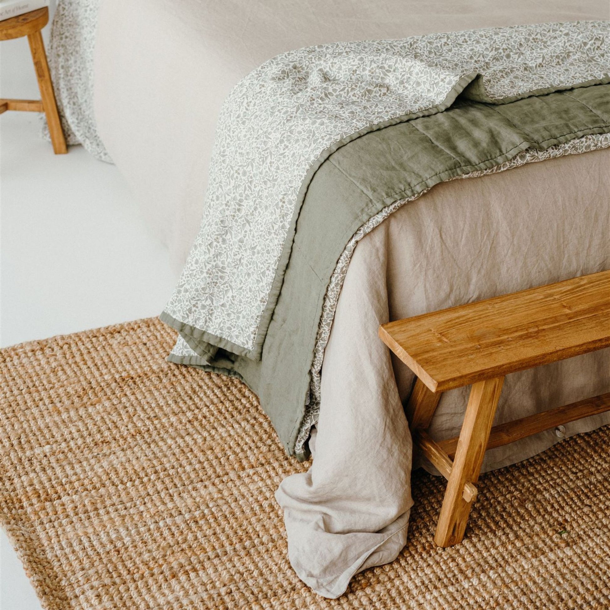 Pure French Flax Quilt in vintage floral print Evelyn.  A whimsical pattern for Spring.  Discover Foxtrot Home’s natural, ethically produced bedding for relaxed styling.