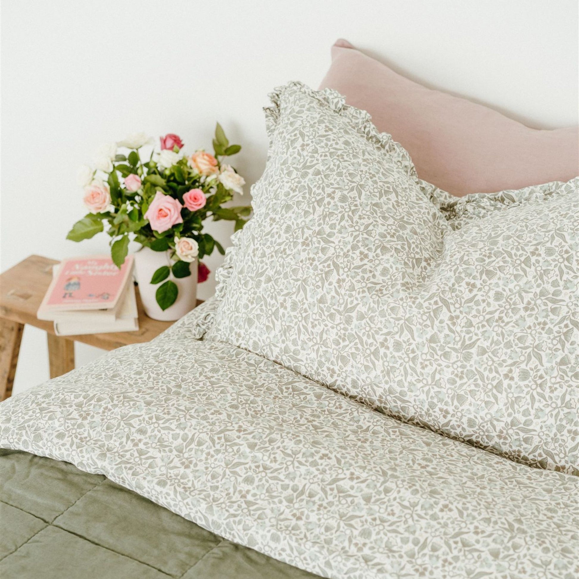 Pure French Flax Pillowcases in vintage floral print Evelyn.  A whimsical pattern for Spring.  Discover Foxtrot Home’s natural, ethically produced bedding for relaxed styling.