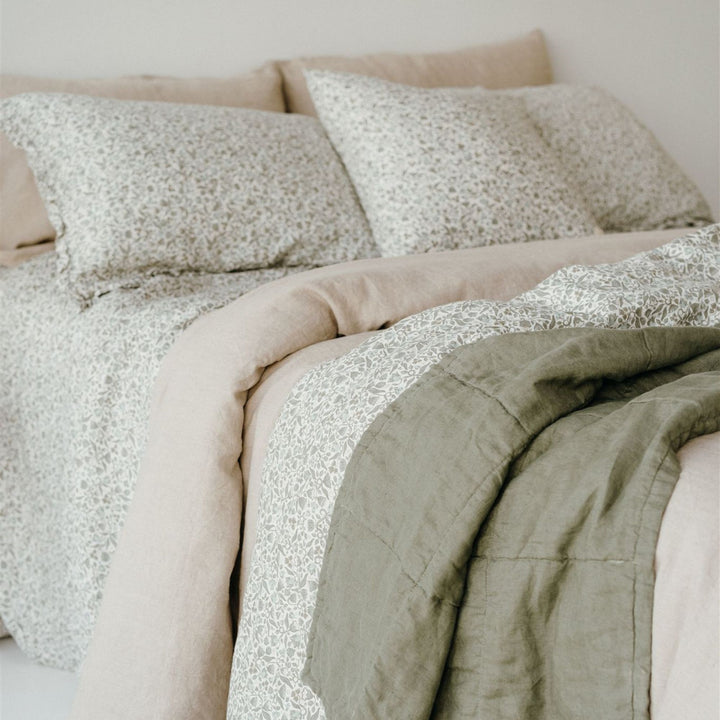 Pure French Flax Fitted Sheet in vintage floral print Evelyn.  A whimsical pattern for Spring.  Discover Foxtrot Home’s natural, ethically produced bedding for relaxed styling.