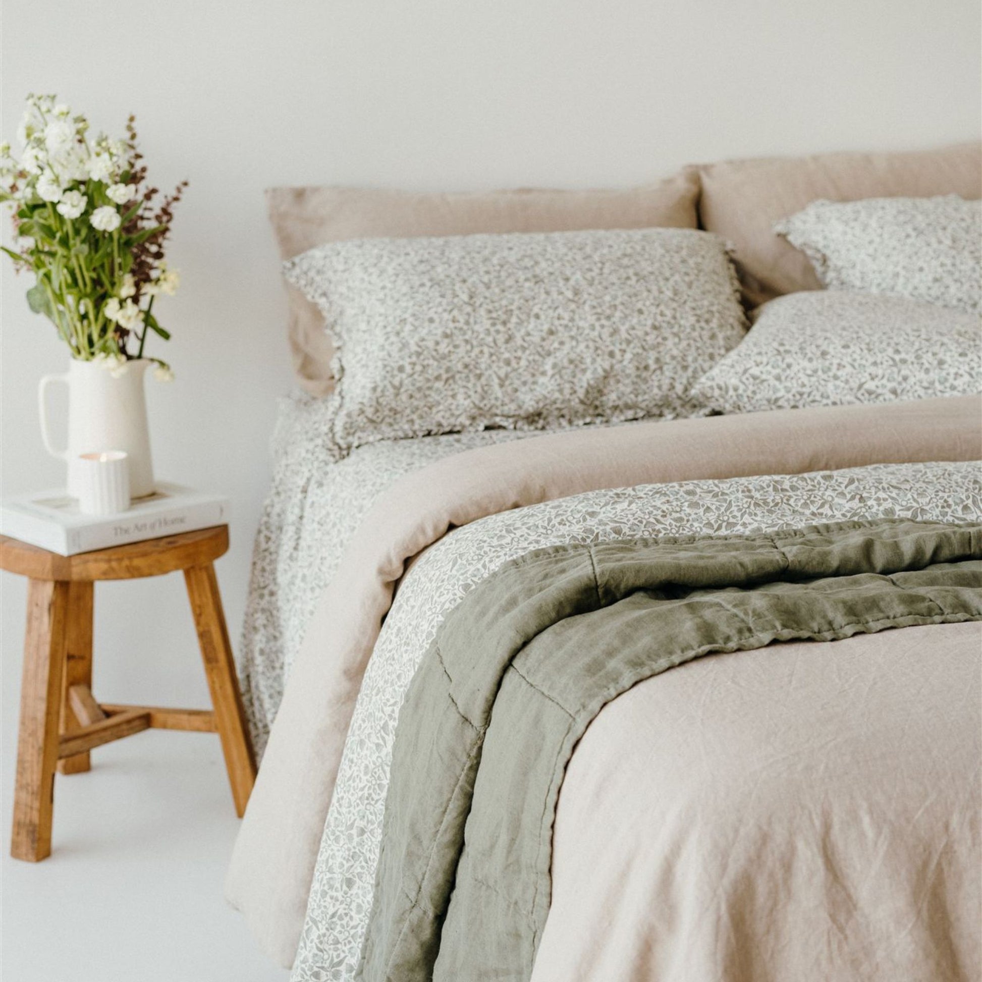 Pure French Flax Quilt in vintage floral print Evelyn.  A whimsical pattern for Spring.  Discover Foxtrot Home’s natural, ethically produced bedding for relaxed styling.