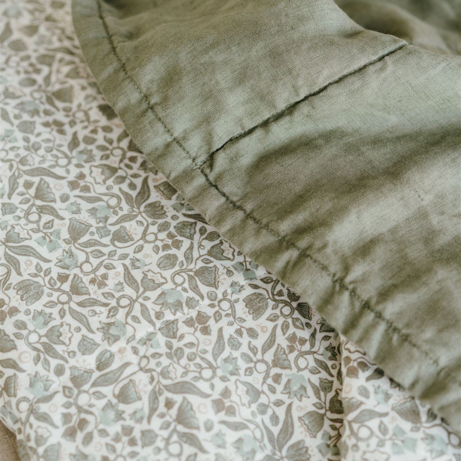 Pure French Flax Quilt in vintage floral print Evelyn.  A whimsical pattern for Spring.  Discover Foxtrot Home’s natural, ethically produced bedding for relaxed styling.