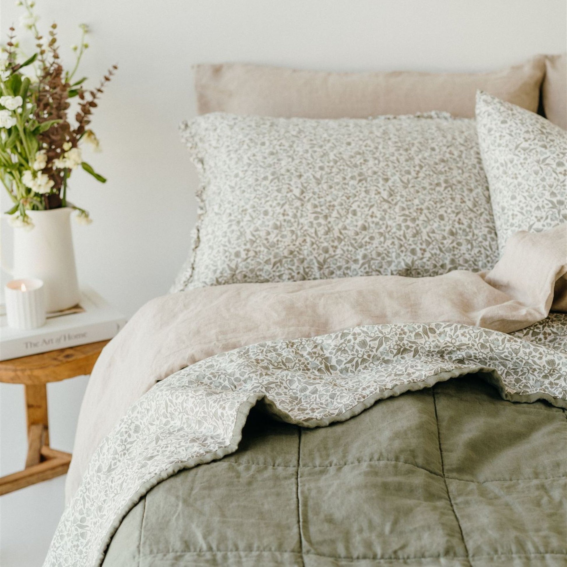 Pure French Flax Quilt in vintage floral print Evelyn.  A whimsical pattern for Spring.  Discover Foxtrot Home’s natural, ethically produced bedding for relaxed styling.