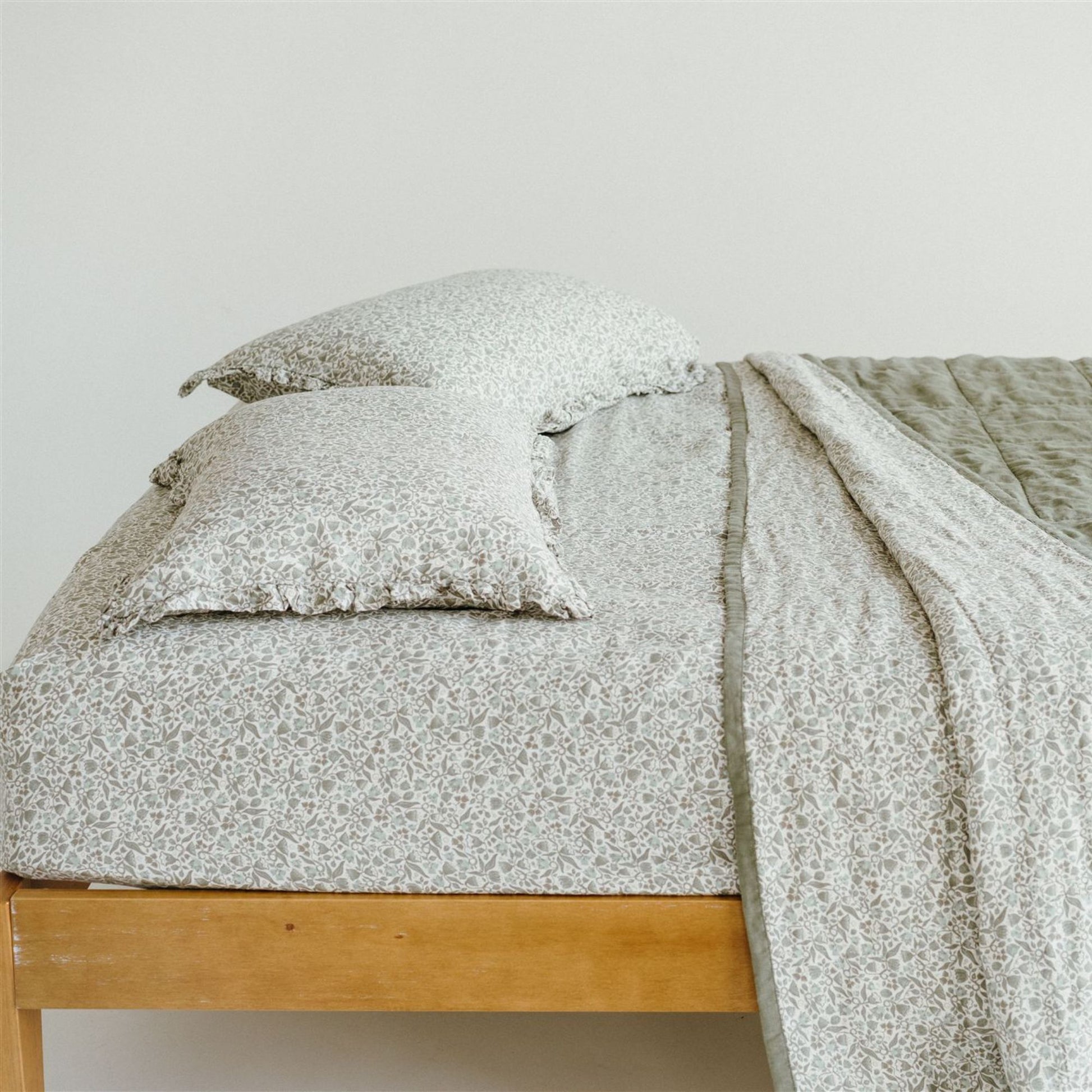 Pure French Flax Quilt in vintage floral print Evelyn.  A whimsical pattern for Spring.  Discover Foxtrot Home’s natural, ethically produced bedding for relaxed styling.