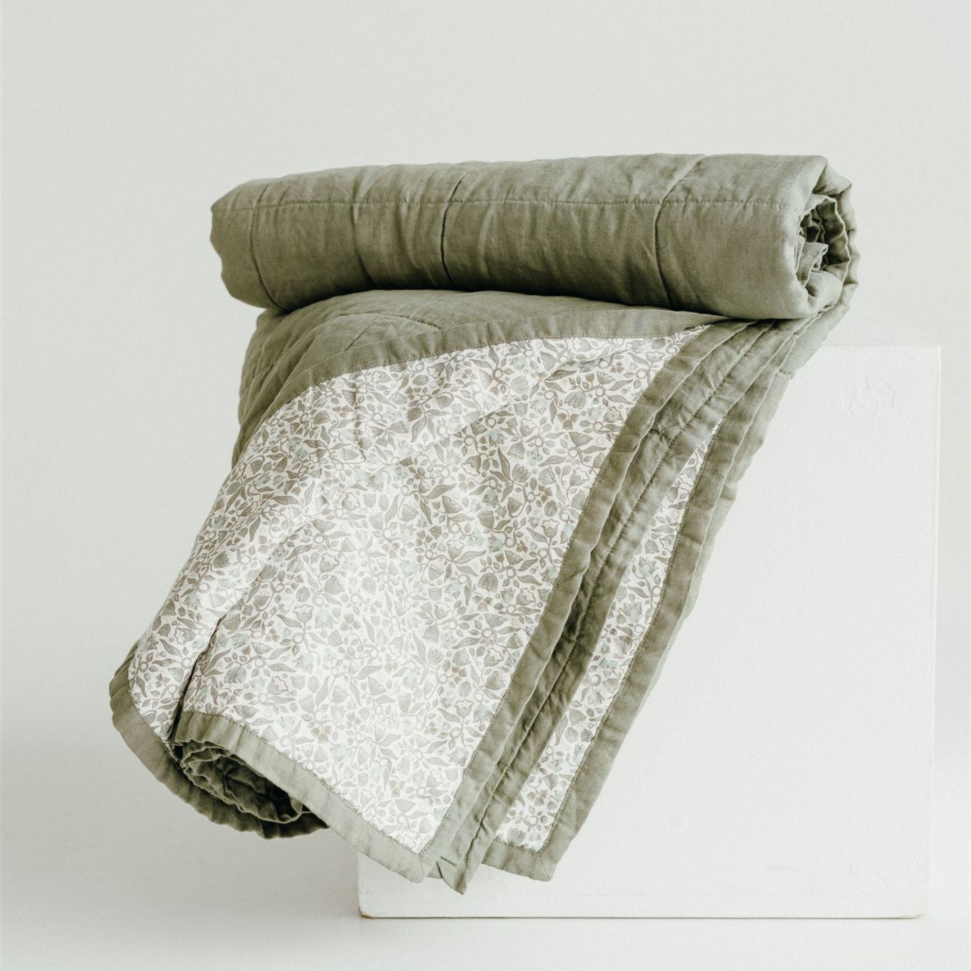 Pure French Flax Quilt in vintage floral print Evelyn.  A whimsical pattern for Spring.  Discover Foxtrot Home’s natural, ethically produced bedding for relaxed styling.