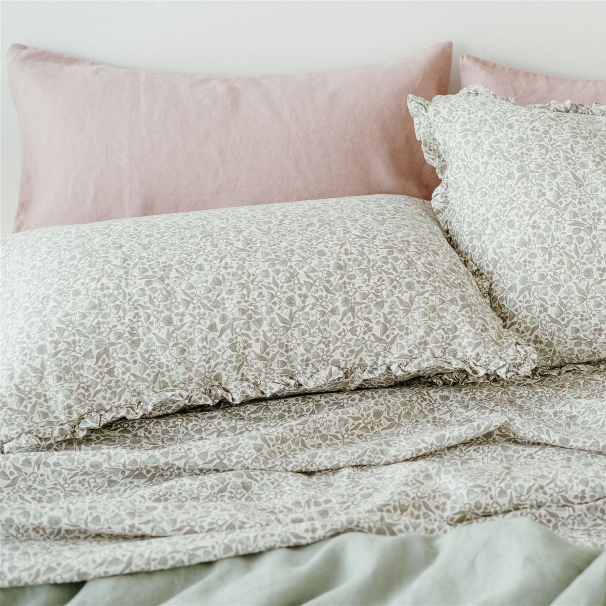 Pure French Flax Pillowcases in vintage floral print Evelyn.  A whimsical pattern for Spring.  Discover Foxtrot Home’s natural, ethically produced bedding for relaxed styling.
