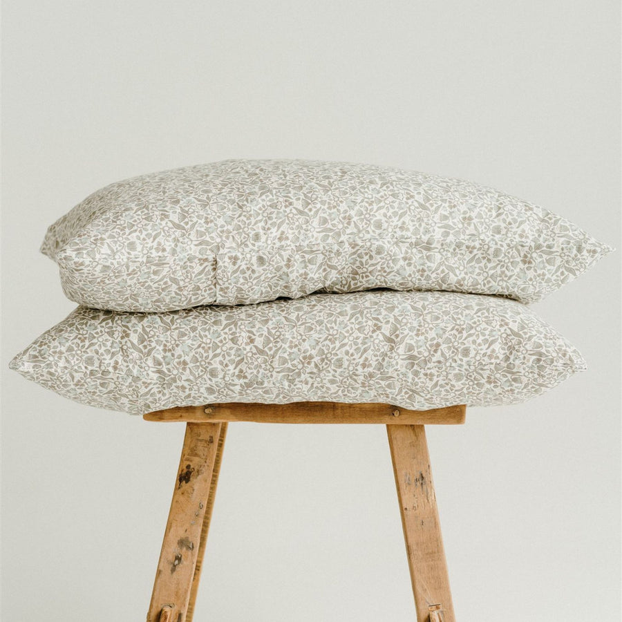 Pure French Flax Pillowcases in vintage floral print Evelyn.  A whimsical pattern for Spring.  Discover Foxtrot Home’s natural, ethically produced bedding for relaxed styling.