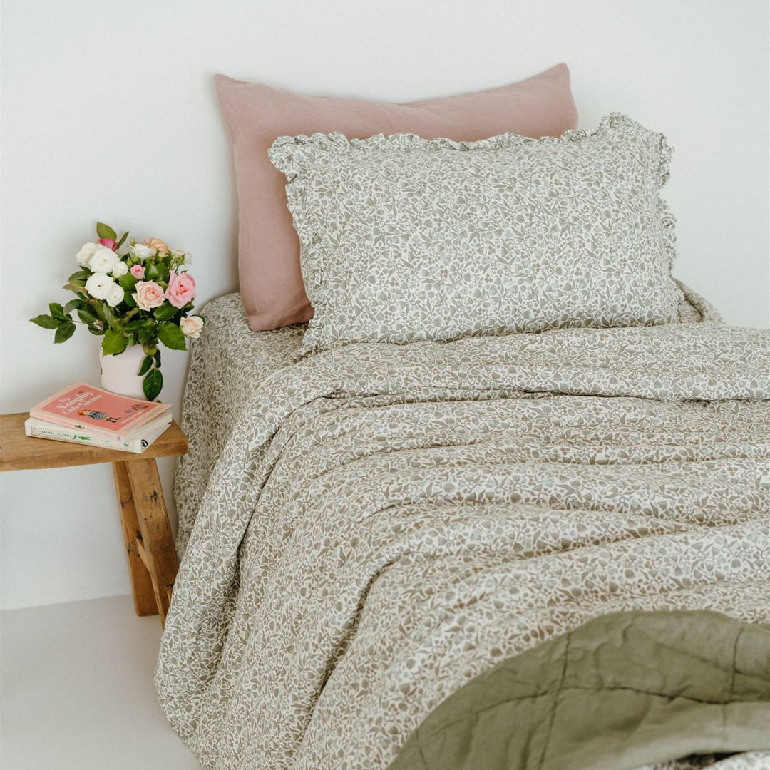 Pure French Flax Duvet in vintage floral print Evelyn.  A whimsical pattern for Spring.  Discover Foxtrot Home’s natural, ethically produced bedding for relaxed styling.