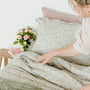 Pure French Flax Duvet in vintage floral print Evelyn.  A whimsical pattern for Spring.  Discover Foxtrot Home’s natural, ethically produced bedding for relaxed styling.