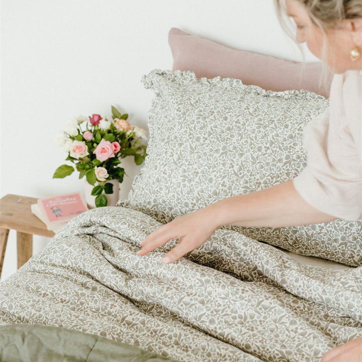 Pure French Flax Duvet in vintage floral print Evelyn.  A whimsical pattern for Spring.  Discover Foxtrot Home’s natural, ethically produced bedding for relaxed styling.