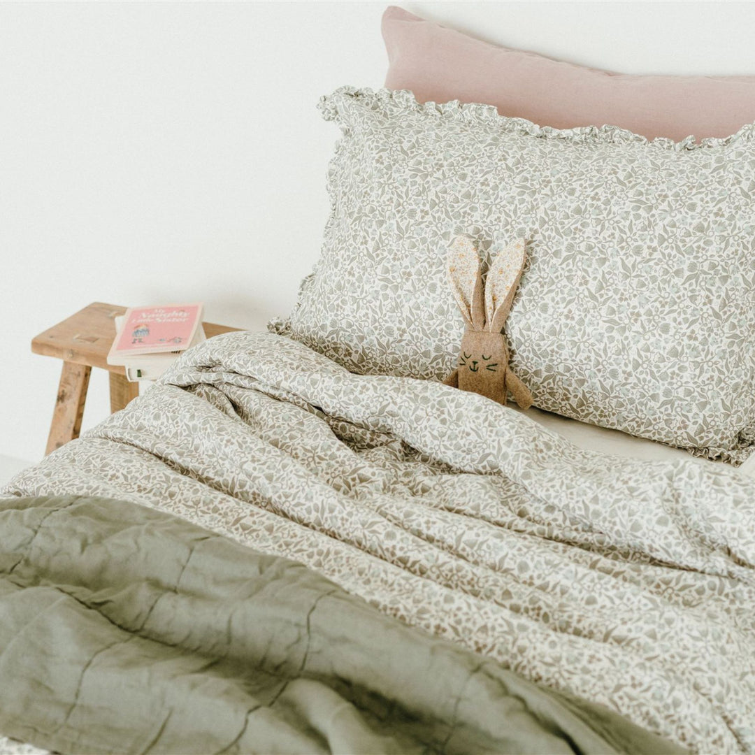 Pure French Flax Duvet in vintage floral print Evelyn.  A whimsical pattern for Spring.  Discover Foxtrot Home’s natural, ethically produced bedding for relaxed styling.