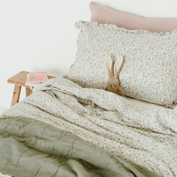 Pure French Flax Duvet in vintage floral print Evelyn.  A whimsical pattern for Spring.  Discover Foxtrot Home’s natural, ethically produced bedding for relaxed styling.
