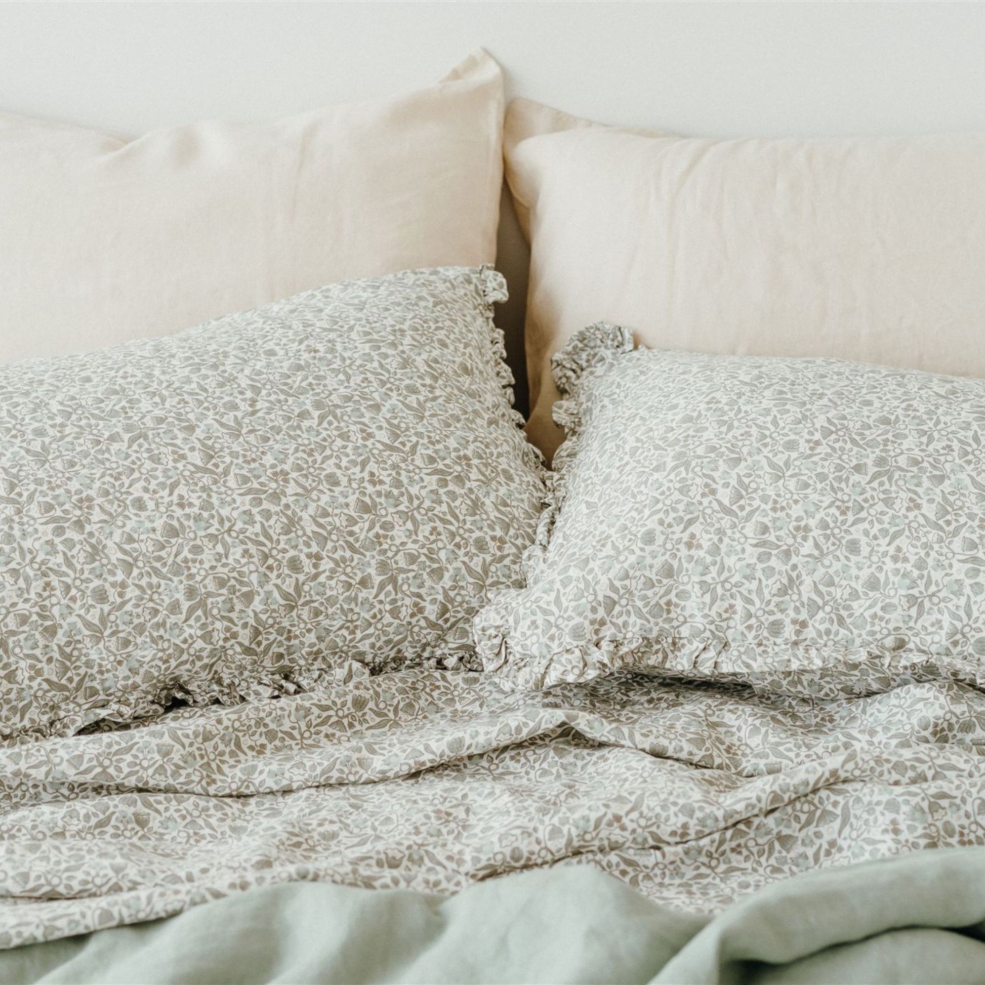 Pure French Flax Pillowcases in vintage floral print Evelyn.  A whimsical pattern for Spring.  Discover Foxtrot Home’s natural, ethically produced bedding for relaxed styling.