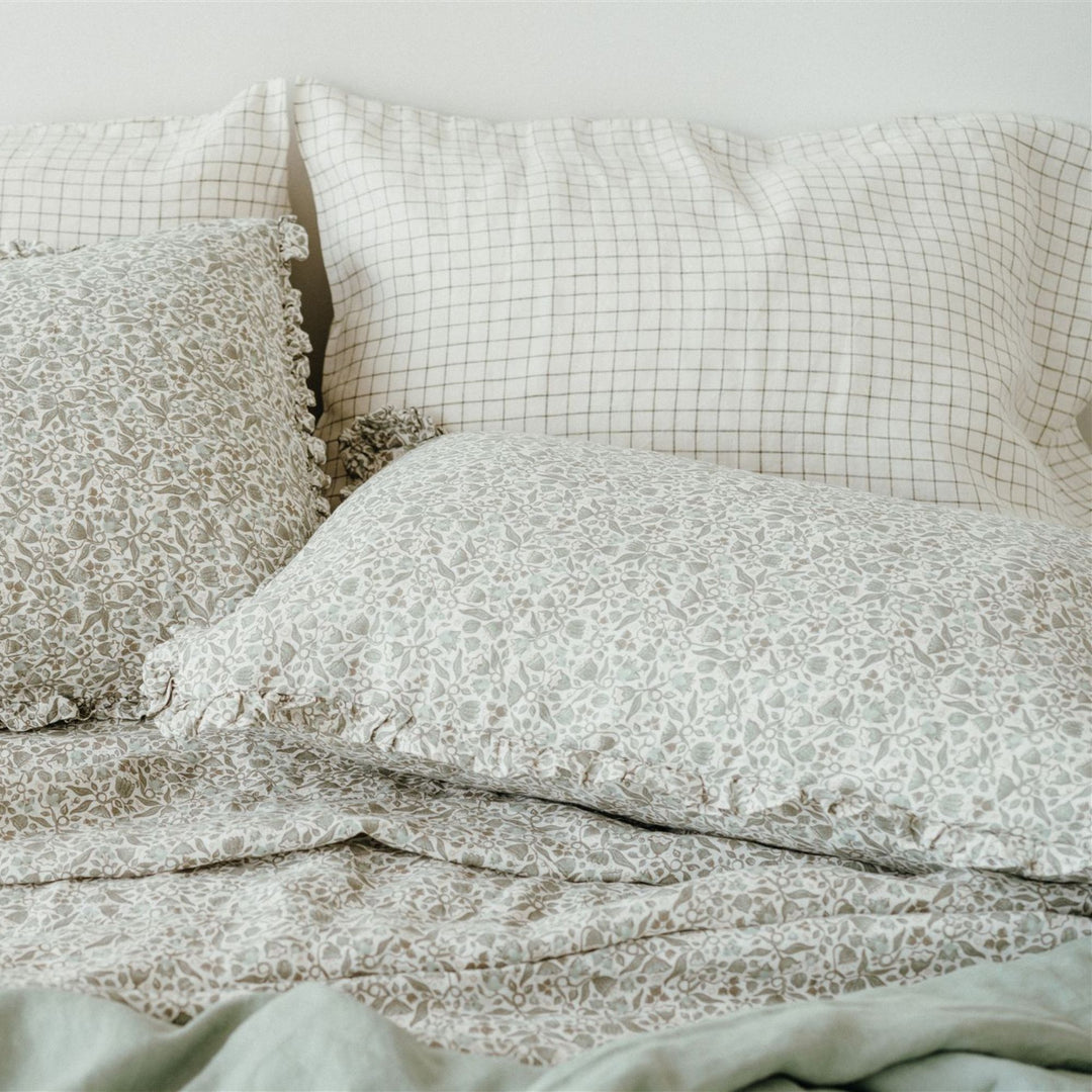 Pure French Flax Sheet Set in vintage floral print Evelyn.  A whimsical pattern for Spring.  Discover Foxtrot Home’s natural, ethically produced bedding for relaxed styling.