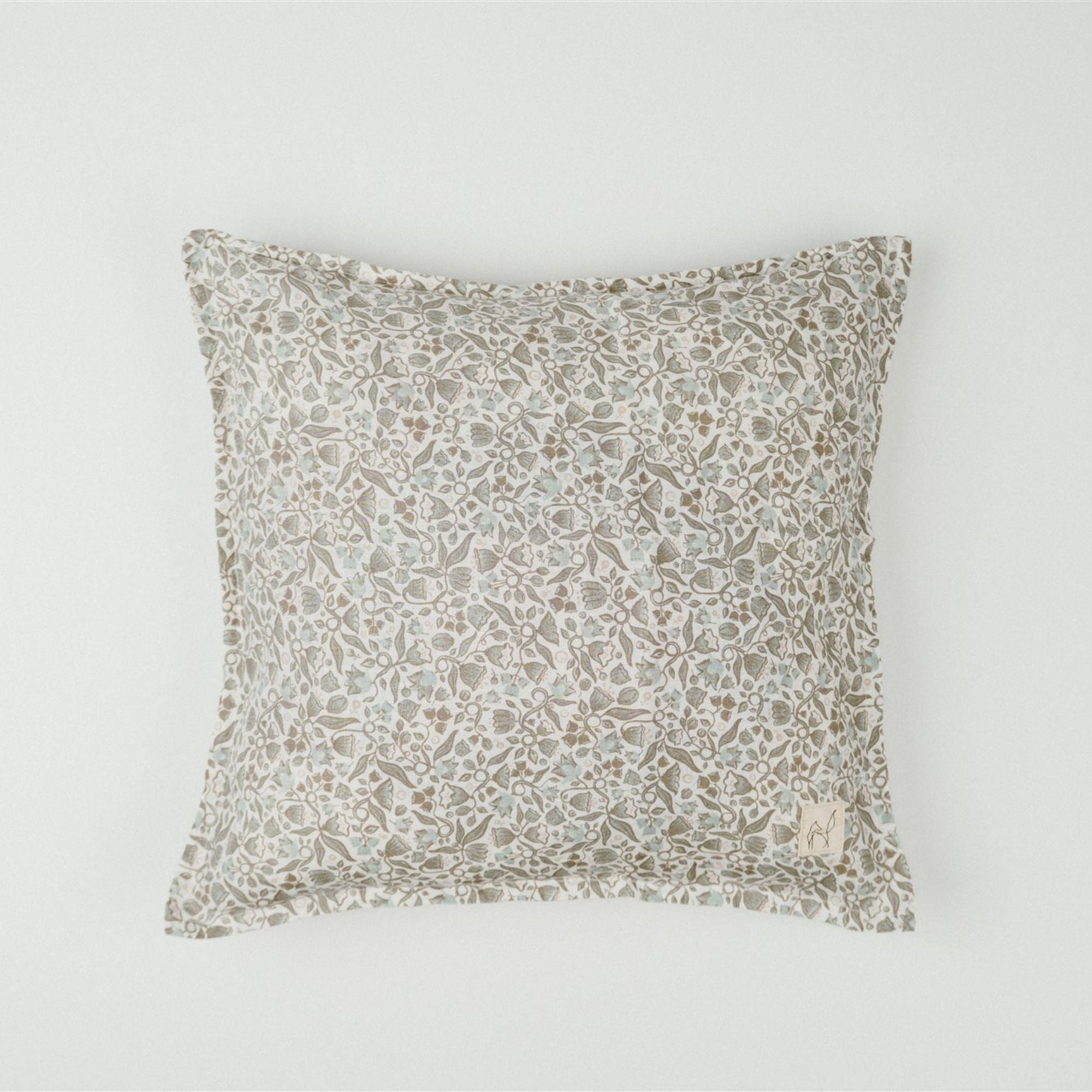 Pure French Flax Cushion in vintage floral print Evelyn.  A whimsical pattern for Spring.  Discover Foxtrot Home’s natural, ethically produced bedding for relaxed styling.