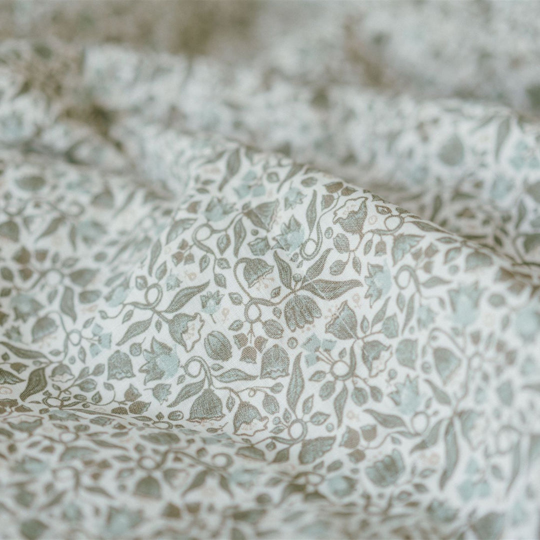 Pure French Flax Flat Sheet in vintage floral print Evelyn.  A whimsical pattern for Spring.  Discover Foxtrot Home’s natural, ethically produced bedding for relaxed styling.