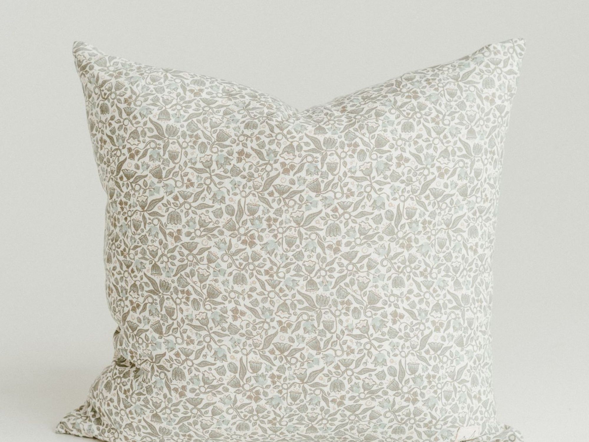 Pure French Flax Cushion in vintage floral print Evelyn.  A whimsical pattern for Spring.  Discover Foxtrot Home’s natural, ethically produced bedding for relaxed styling.