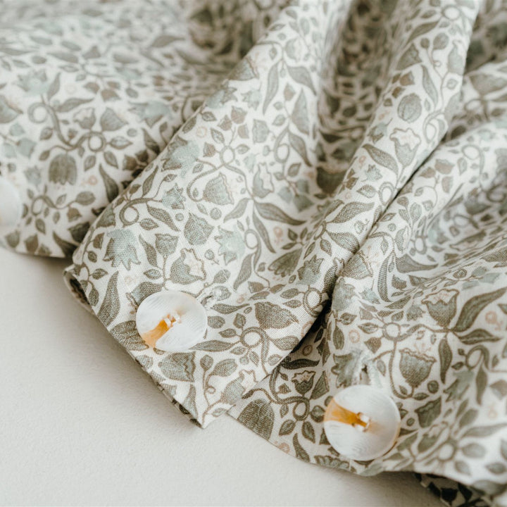 Pure French Flax Duvet in vintage floral print Evelyn.  A whimsical pattern for Spring.  Discover Foxtrot Home’s natural, ethically produced bedding for relaxed styling.