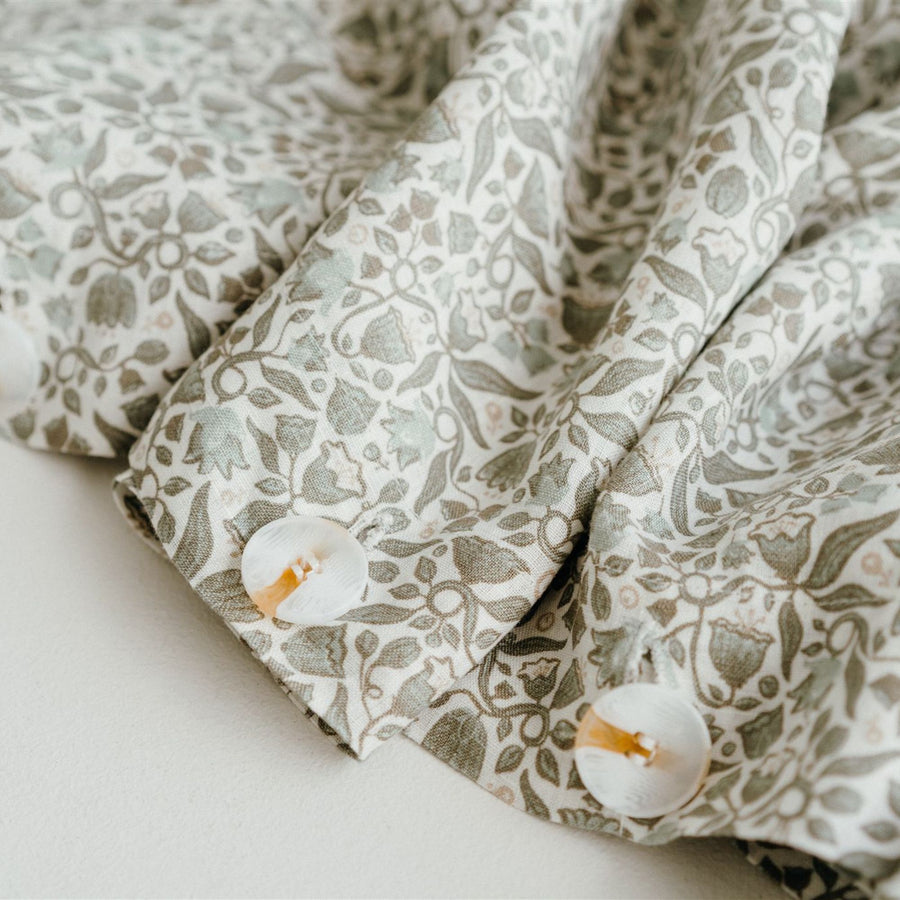 Pure French Flax Duvet in vintage floral print Evelyn.  A whimsical pattern for Spring.  Discover Foxtrot Home’s natural, ethically produced bedding for relaxed styling.