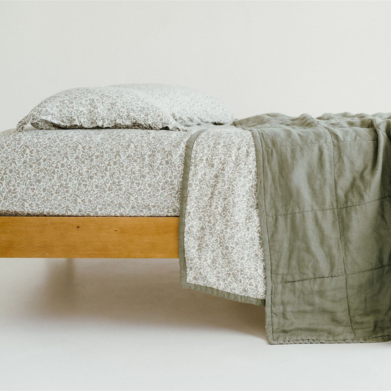 Pure French Flax Quilt in vintage floral print Evelyn.  A whimsical pattern for Spring.  Discover Foxtrot Home’s natural, ethically produced bedding for relaxed styling.