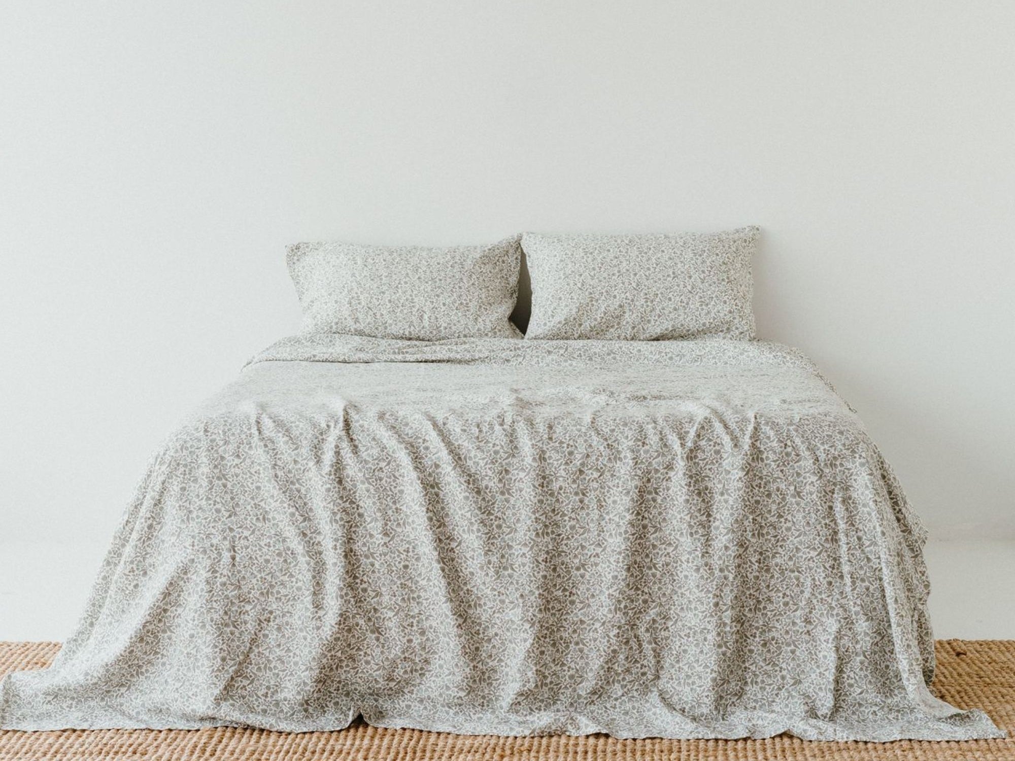 Pure French Flax Flat Sheet in vintage floral print Evelyn.  A whimsical pattern for Spring.  Discover Foxtrot Home’s natural, ethically produced bedding for relaxed styling.