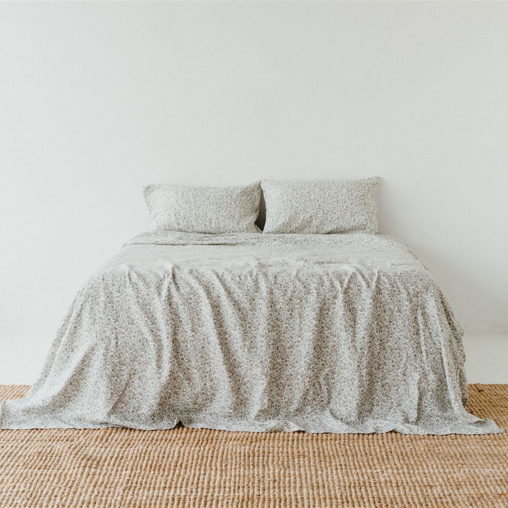Pure French Flax Flat Sheet in vintage floral print Evelyn.  A whimsical pattern for Spring.  Discover Foxtrot Home’s natural, ethically produced bedding for relaxed styling.