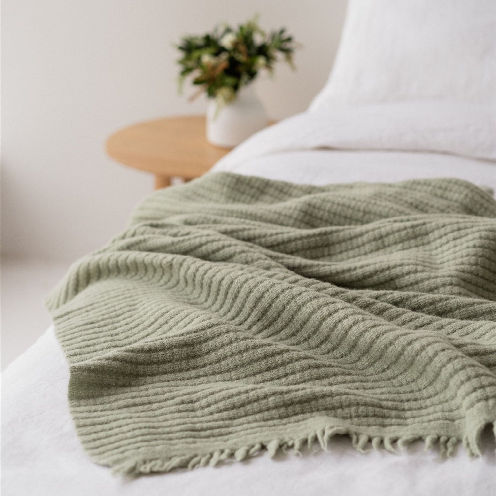 Spring Green Ribbed Wool Throw Blanket