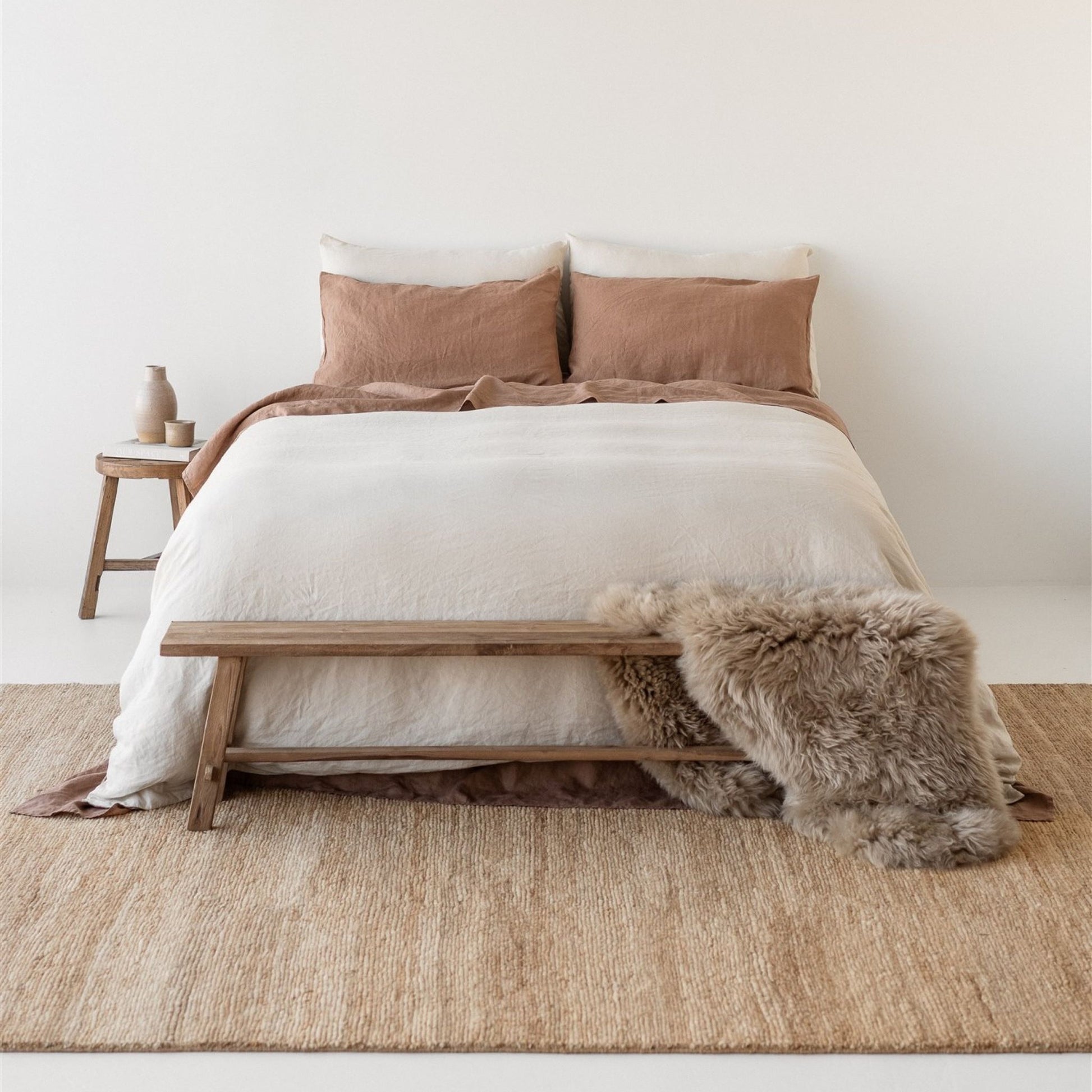 Foxtrot Home French Flax Linen styled with Malt Brown Sheets and an Oat Duvet