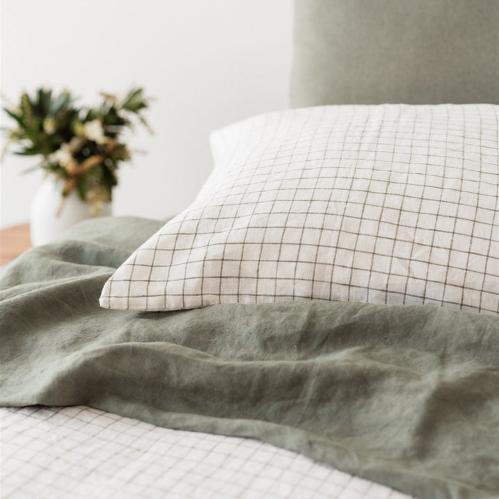 Foxtrot Home French Flax Linen styled in a bedroom with Cactus Grid Duvet, Cactus Sheets Set and Pillowcases