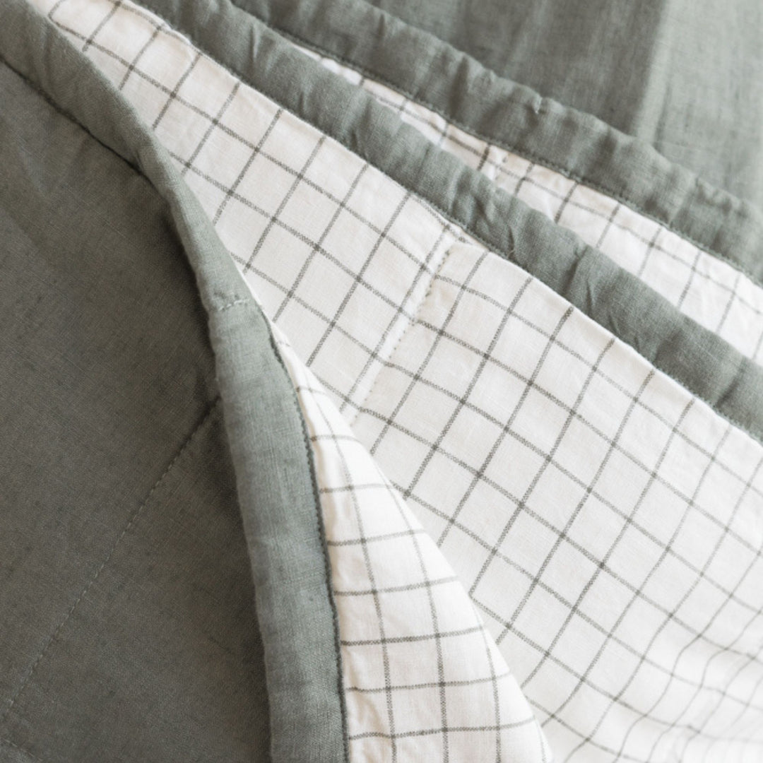 Foxtrot Home French Flax Linen styled in a bedroom with Cactus and Cactus Grid Quilt, Cactus Grid Duvet, Cactus Sheets Set and Pillowcases