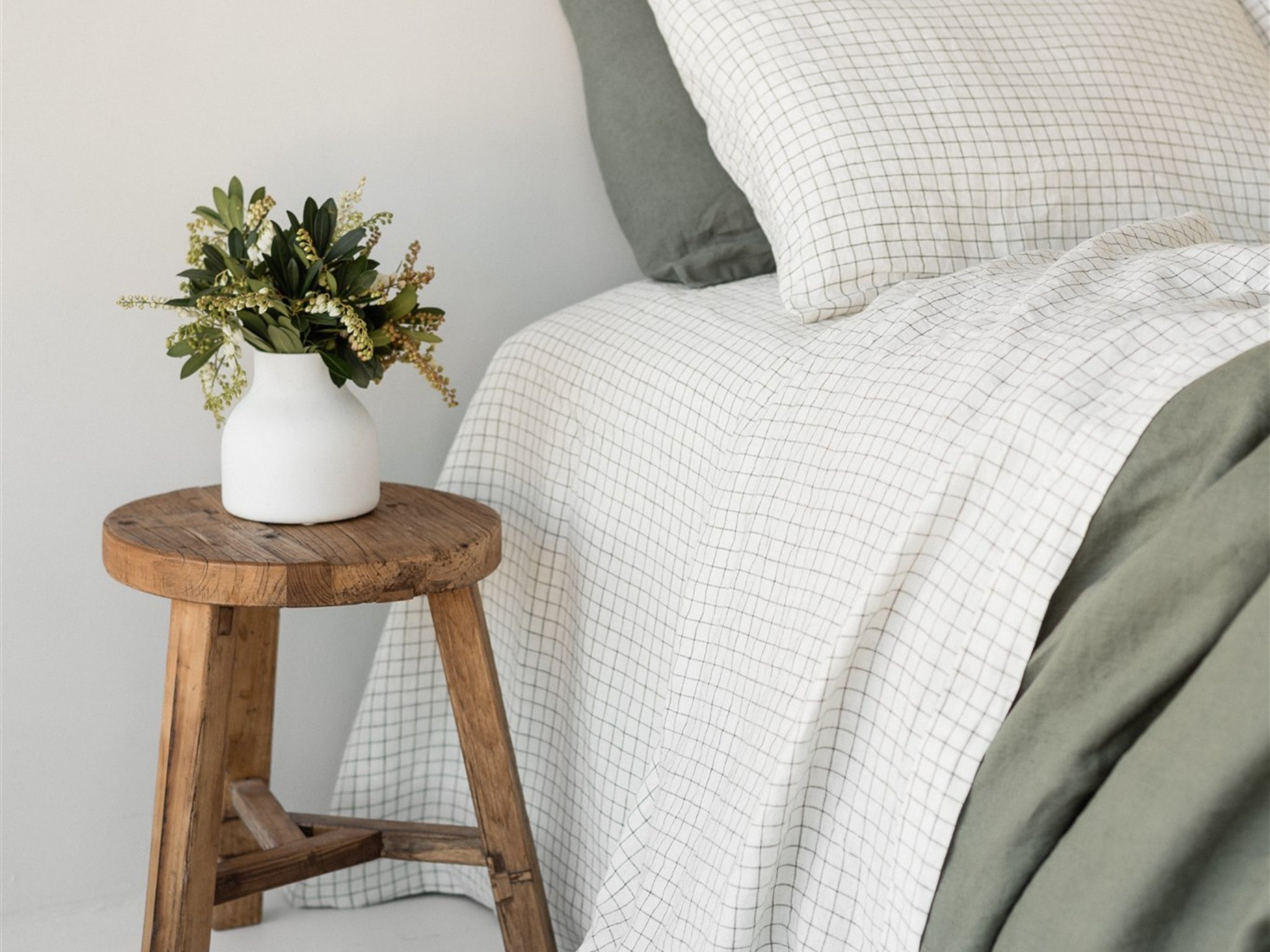 Foxtrot Home French Flax Linen styled in a bedroom with Cactus Grid Duvet, Cactus Sheets Set and Pillowcases