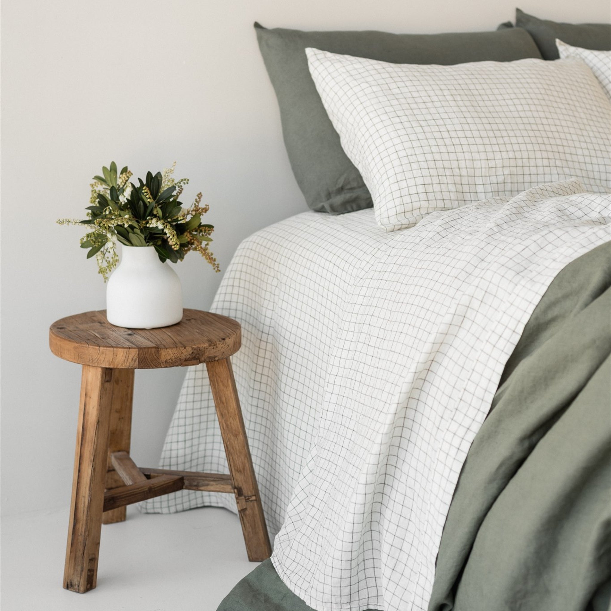 Foxtrot Home French Flax Linen styled in a bedroom with Cactus Grid Duvet, Cactus Sheets Set and Pillowcases